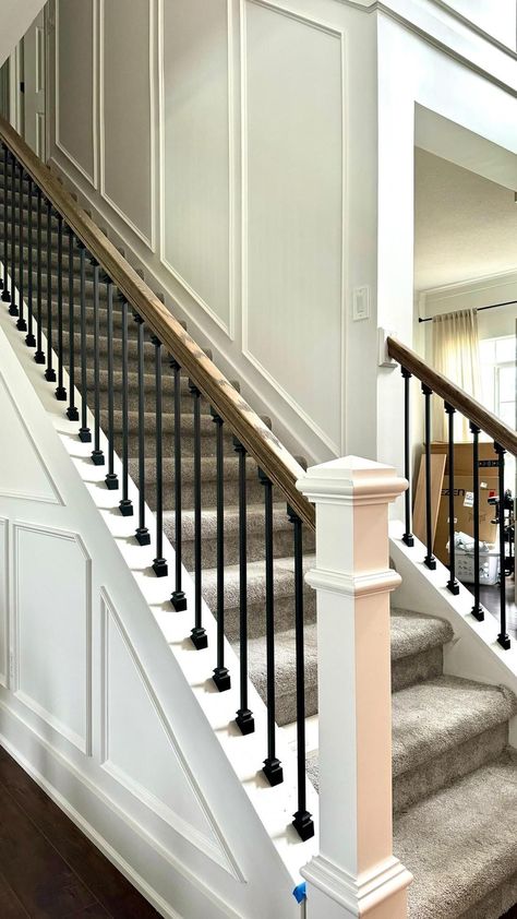 I've put off swapping stair rails for years. I've tackled plenty of projects but never railings. So when my Dad offered to show me the… | Instagram Staircase Update, Nj House, Stairway Decor, Foyer Makeover, Entry Way Door, Housekeeping Ideas, Stair Railing Makeover, Diy Staircase Makeover, Wood Floor Colors