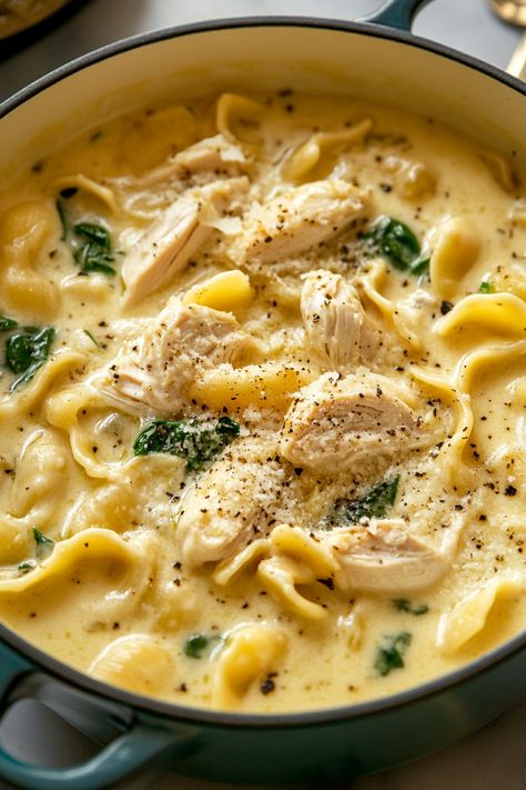 Creamy Chicken Tortellini Soup - An Organized Chaos Cheese Tortellini Recipes Soup, Tortellini Soup Chicken, Creamy Chicken Tortellini Soup, Creamy Chicken Tortellini, Potatoes Au Gratin Recipe, Chocolate Peanut Butter Squares, Hamburger Potato Casserole, Creamy Tortellini Soup, Salisbury Steak Meatballs