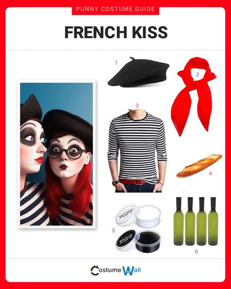 Embrace love and music with the French Kiss pun costume, a creative and entertaining character that's sure to rock! Pun Costumes, Punny Costumes, Kiss Songs, Kiss Costume, Love And Music, Breton Stripe Shirt, White Face Paint, Got Costumes, Costume Guide