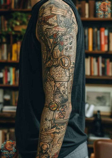 Book Inspired Tattoo Sleeve, Reading Tattoo Sleeve, Literature Sleeve Tattoo, Scrapbook Tattoo Sleeve, Scrapbook Tattoo, Book Lover Sleeve Tattoo, Literary Sleeve Tattoo, Book Tattoo Sleeve, Literature Tattoos