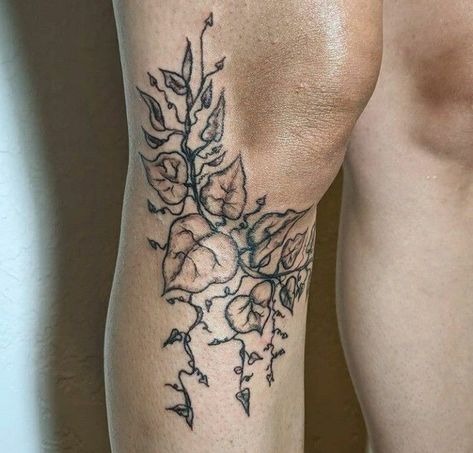 Wrap Knee Tattoo, Ivy Knee Tattoo, Poison Ivy Leg Tattoo, Cottagecore Knee Tattoo, Vine Garter Tattoo, Willow Tree Leg Tattoo, Earthy Leg Sleeve Tattoo, Knee Ring Tattoo, Alternative Flower Tattoo