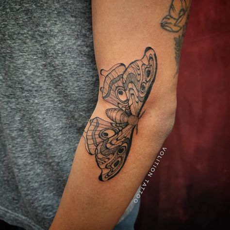 Moth tattoo on elbow Luna Moth Tattoo Elbow, Moth Inner Elbow Tattoo, Moth Tattoo Elbow Bend, Moth Tattoo In Elbow Crease, Moth In Elbow Tattoo, Elbow Side Tattoo, Moth Tattoo On Arm Crease, Inner Elbow Butterfly Tattoo, Moth Tattoo Inner Elbow