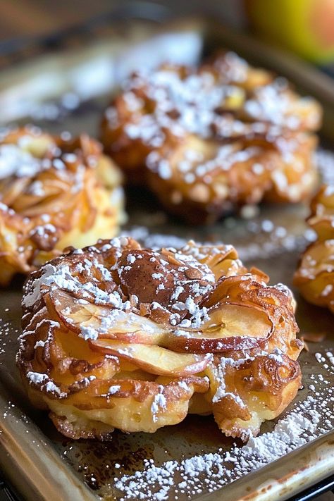 Serving Baked Apple Fritters with ice cream and cinnamon Baked Apple Fritters Recipe, Baked Fritters, Apple Butter Desserts, Baked Fruit Desserts, Apple Fritters Recipe, Baked Apple Fritters, Easy Baked Apples, Bread Quick, Fall Eats