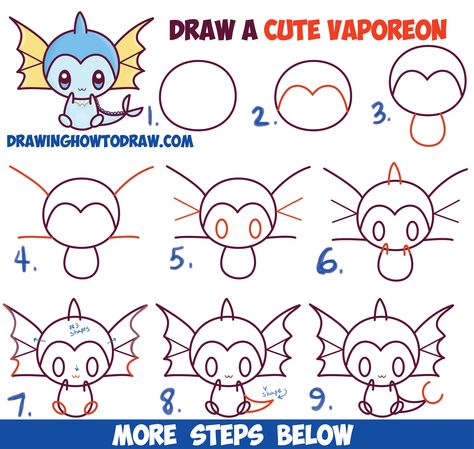 How to Draw Cute Kawaii Chibi Vaporeon from Pokemon Easy Step by Step Drawing Lesson for Beginners Chibi Vaporeon, Cute Vaporeon, Easy Pokemon Drawings, Uppfostra Barn, Pokemon Drawing, How To Draw Cute, Easy Step By Step Drawing, How To Draw Steps, Draw Cute