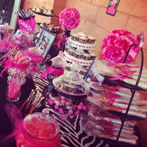 Graduation party hot pink and zebra print Hot Pink And Zebra Birthday Party, Hot Pink And Black Birthday Decorations, Zebra Themed Birthday Party, Mcbling Birthday, Trashy Y2k Party, Mcbling Party, Mcbling Birthday Party, 2000 Party Theme, Y2k Birthday Party Theme