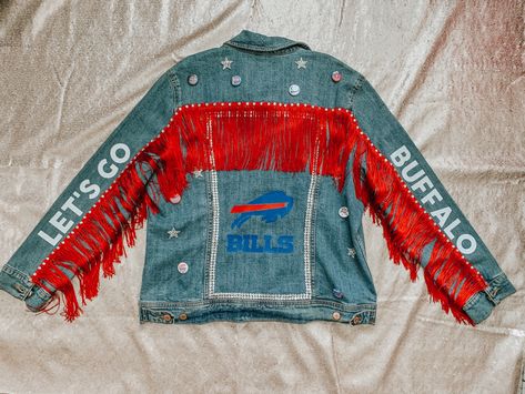 Buffalo Bills Diy, Football Jean Jacket Diy, Football Denim Jacket, Football Jean Jacket, Buffalo Bills Jean Jacket, Buffalo Bills Womens Clothes, Buffalo Bills Vintage Sweatshirt, Jean Jacket Diy, Football Girlfriend