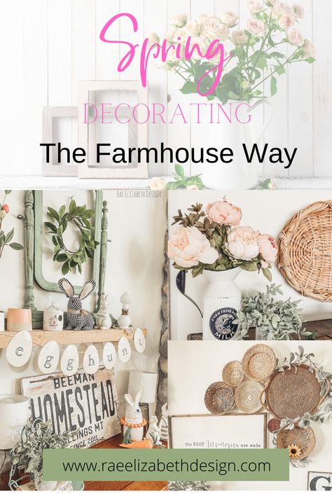 How to decorate for spring farmhouse style plus a free ebook and surprise Diy Rabbit Decor, Spring Mantle Decor Farmhouse Style, Easter Bathroom Decor Ideas, Spring Farmhouse Mantle Decor, Spring Farmhouse Signs, Spring Shelf Decor, Farmhouse Decor Inspiration, Free Printable Cleaning Schedule, Decorate For Spring