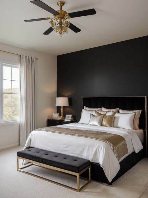 Create a bold and dramatic guest bedroom by incorporating a black accent wall. Add a touch of elegance with gold or silver framed wall art, and complete the look with crisp white bedding and plush velvet throw pillows. Black Accent Wall Ideas, Black Accent Wall, Accent Wall Ideas, Black Accent Walls, Black Bedroom, First Apartment, Velvet Throw, Wall Ideas, Velvet Throw Pillows