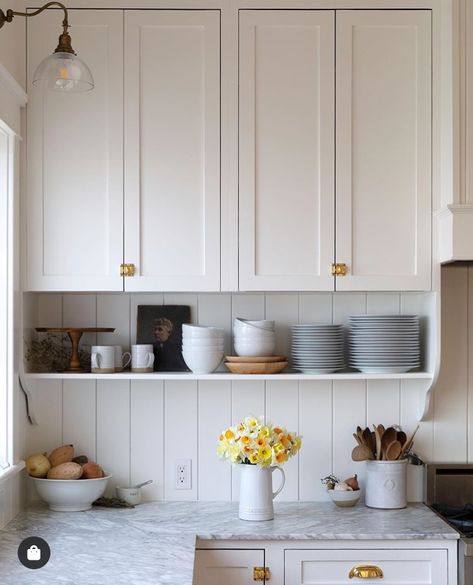 That shelf under the cabinet is just enough for display!! Rejuvenation Rejuvenation, Styling A Shelf, Organizing Shelves, Under Cabinet Shelf, Kitchen Floating Shelves, River Birch, Lake House Kitchen, Kitchen Finishes, Western Home Decor