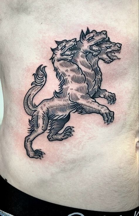 Cerberus Dog, Cerberus Tattoo, Ribs Tattoo, Woodcut Tattoo, Medieval Tattoo, Engraving Tattoo, Funky Tattoos, Light Tattoo, Greek Mythology Tattoos