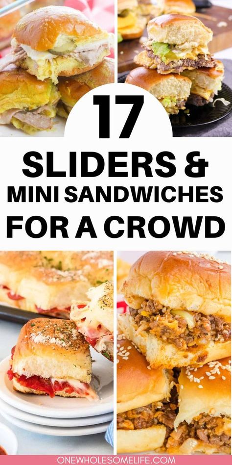 Collage of sliders and mini sandwiches. Sliders For A Crowd, Warm Recipes, Easy Sliders, Sliders On Hawaiian Rolls, Hawaiian Roll Sandwiches, Sliders Recipes Hawaiian Rolls, Easy Slider Recipes, Rolled Sandwiches, Slider Sandwiches