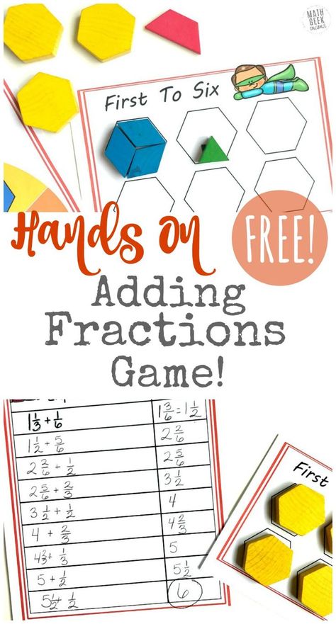 Looking for a visual, hands on way to teach kids adding fractions with unlike denominators? This fun adding fractions game will help kids learn how to add fractions and see equivalent fractions in an easy, non-threatening way! Get it free! Adding Fractions Game, How To Add Fractions, Fraction Games For Kids, Easy Math Games, Fractions With Unlike Denominators, Add Fractions, Fraction Lessons, Free Math Resources, Fraction Games