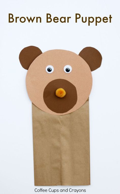 Brown Bear Puppet Craft for Preschool! Free printable tracers in the post. Bear Puppet Craft, Bear Crafts Preschool, Brown Bear Brown Bear Activities, Bear Puppet, Bears Preschool, Animals Crafts, Freetime Activities, Puppet Craft, Paper Bag Crafts