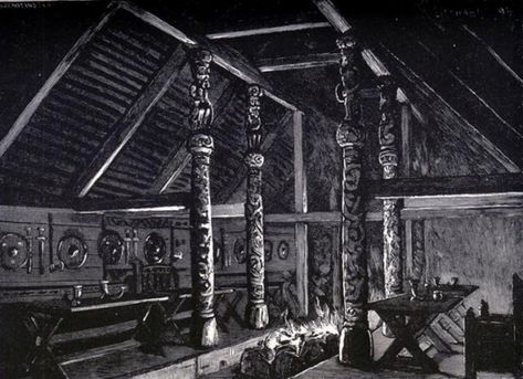 Interior of Anglo-Saxon mead hall. Anglo Saxon Houses, Viking Hall, Mead Hall, Anglo Saxon History, Viking House, Hall Flooring, Anglo Saxon, Dark Ages, Mead