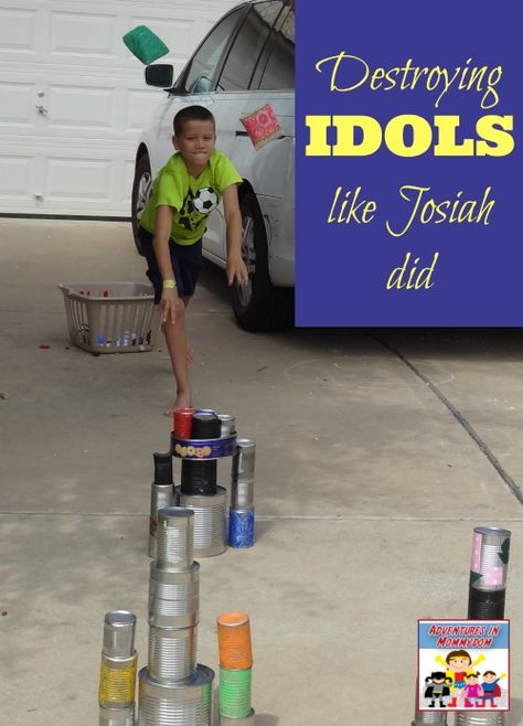 King Josiah activity - destroying "idols" like King Josiah did. Fun, hands on game to review. No Idols Bible Craft, Church Games For Kids, Kids Bible Lessons, Gospel Project, Childrens Bible Activities, School Stories, Story Crafts, King Josiah, Sunday School Games