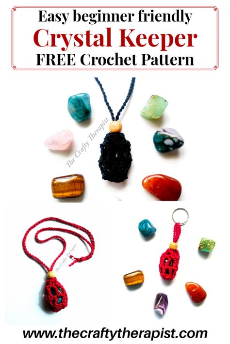 Crochet Crystal Keeper – The Crafty Therapist | Sustainable Crochet & living Crochet Crystal, Beginner Friendly Crochet, Crochet Necklace Pattern, Hippie Crochet, Crystal Holder, Craft Stash, Handbag Pattern, Necklace Patterns, Healing Crystal Jewelry