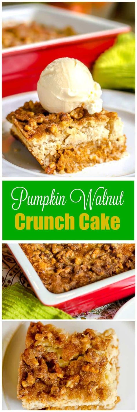 This sweet, creamy, crunchy Pumpkin Walnut Crunch Cake is similar to other Pumpkin Crunch Cake desserts but uses walnuts instead of pecans, and a homemade "cake mix" instead of a packaged cake mix, and includes a sprinkling of cinnamon sugar on top. Serve warm with ice cream for a crowd-pleasing Fall or Thanksgiving dessert! Homemade Cake Mixes, Pumpkin Cobbler, Pumpkin Crunch Cake, Homemade Crust, Pumpkin Crunch, Dump Cake Pumpkin, Cinnamon Crunch, Crunch Cake, Thanksgiving Food Desserts