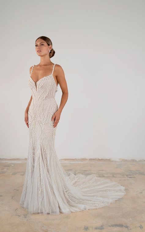 Fashion-Forward Pearl Fit-and-Flare Wedding Dress with Spaghetti Straps Pearl Beading Wedding Dress, 1920s Wedding Theme, Pearl Wedding Dress, Sheer Wedding Dress, Blush Bridesmaid Dresses, Special Dresses, Ideal Wedding, White Wedding Dresses, Wedding Poses