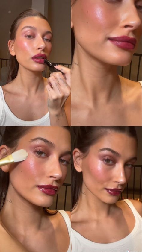 Berry Red Lip Makeup Look, Red Lip Fair Skin, Hailey Bieber Red Lips, Berry Toned Makeup, Berry Blush Makeup, Cranberry Makeup Look, Hailey Bieber Make Up, Berry Lipstick Makeup Look, Cherry Lips Makeup