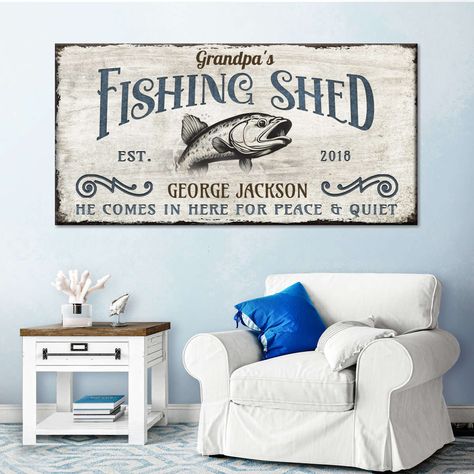 Fishing Shed Sign Wall Art is a beautiful addition to any decor style. Bring this stunning canvas print into your home to easily refresh your walls and elevate your decor. Fishing Shed, Rustic Fishing Decor, Fishing Grandpa, Fishing Shack, Shed Signs, Signed Artwork, Fishing Decor, Sign Wall, Wall Art Elephant