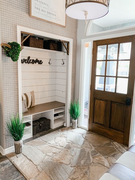 Mudroom Living Room Combo Entry Ways, Entree Way Closet, Entry Closet Drop Zone, Barn Door Living Room Closet, Drop Zone Ideas Closet, Entryway Built In Closet, Front Entrance Closet Ideas Built Ins, Front Entry Remodel, Entry Alcove Ideas Foyers