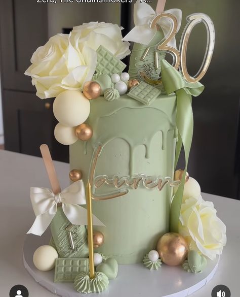 Cake Designs For Girl, Big 30, Tall Cake, Green Birthday, Tall Cakes, Birthday Inspo, Cake Inspo, Elegant Cakes, Cake Board