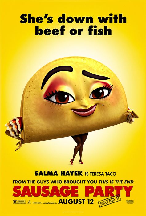 "Sausage Party" alternate movie poster, 2016.  Salma Hayek lent her voice to this movie as Teresa Taco. Sausage Party Movie, Supermarket Products, Animated Movie Posters, Sausage Party, Party Characters, Tv Series Online, Animation Movie, Large Poster, Party Poster