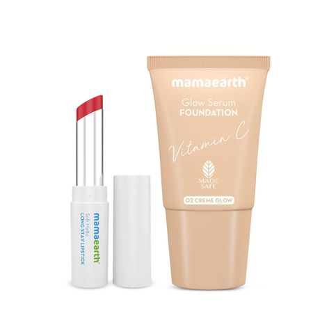 Mamaearth Party Ready Duo (Glow Serum Foundation Mini + Soft Matte Long Stay Lipstick (Ruby Red)) Mamaearth Foundation, Mamaearth Lipstick, Long Stay Lipstick, Serum Foundation, Glow Serum, Ruby Red, Cash On Delivery, Low Price, Serum