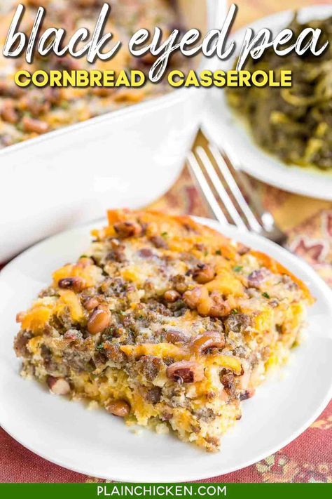 Black Eyed Pea Cornbread Casserole recipe - homemade cornbread loaded with sausage, creamed corn, cheddar cheese, black eyed peas, green chiles, and jalapeños. Perfect for your New Year's Day meal! Can make ahead of time and freeze for up to a month. Everyone LOVES this easy one-pan meal! #casserole #cornbread #freezermeal Black Eyed Pea Cornbread, Best Corn Casserole, Blackeyed Pea Recipes, Cornbread Casserole Recipe, Black Eyed Peas Recipe, Black Eyed Pea, Cornbread Casserole, Easy Main Dishes, Homemade Cornbread