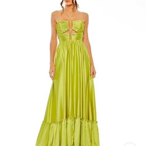 RUCHED TIERED CRISS CROSS SPAGHETTI STRAP GOWN Evening Gowns Gold, Mac Duggal Prom Dresses, Spaghetti Strap Gown, Mac Duggal Dress, Bridesmaid Colors, Yellow Bridesmaids, Plus Size Gowns, Mac Duggal Dresses, Full Length Gowns