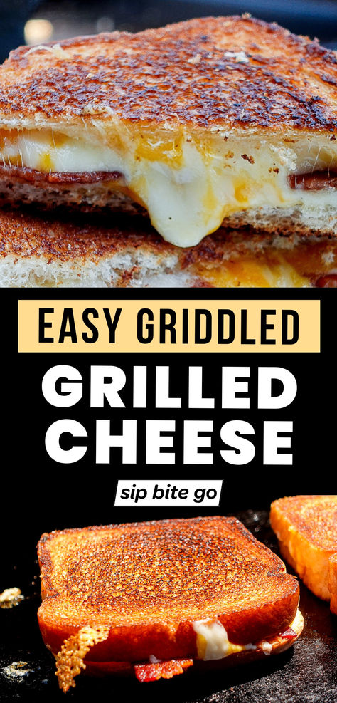 Griddled Grilled Cheese with Bacon Recipe with text overlay Grilled Cheese On Blackstone, Things To Cook On A Griddle, Blackstone Grilled Cheese, Flat Grill Outdoor Recipes, Electric Griddle Recipes, Griddle Recipes Blackstone, Grill Favorites, Blackstone Grill Recipes, Grilled Cheese With Bacon