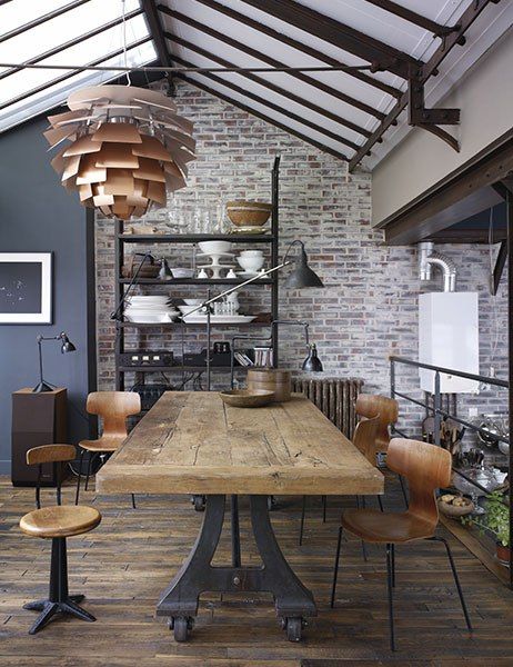 Celebrate industrial-chic in a new book featuring vintage furniture from the 1900s to 1950s Loft Estilo Industrial, Rustic Brick Wall, Kitchen Lighting Over Table, Dining Room Industrial, Style Dining Room, Vintage Industrial Decor, Industrial Interior Design, Vintage Industrial Furniture, Industrial Interiors