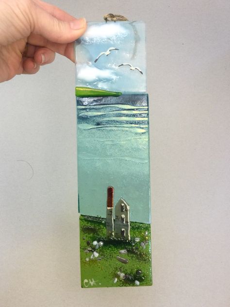 Fused Glass Art Ideas, Fused Glass Scenes, Fused Glass Art Mountains, Glass Fusion Landscapes, Fused Glass Beach Scene, Fused Glass Underwater Scene, Landscape Glass, Glass Boat, Fused Glass Panel