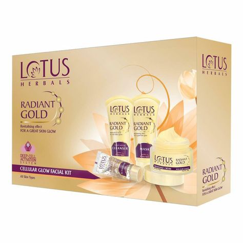 Lotus Herbal Radiant Gold Cellular Glow Facial Kit Description Lotus Herbals Radiant Gold Facial Kit contains: One Radiant Gold Exfoliating Cleanser - this creamy exfoliating cleanser boosts radiance and brightens the texture level by deep cleansing the skin, papaya and horse chestnut extracts help in relieving the skin from any kind of rashes and irritation in addition to providing flawless, smooth and supple skin, one radiant gold activator - a unique and revolutionary gold activator designed to dissolve 24K pure gold leaves in skin, it encourages cell turnover and maintains skin's elasticity without making the skin dry or rough. One radiant gold massage creme with gold leaves - this ultra luxurious massage creme enriched with gold leaves particles, revives the inner layers of skin, repl Natural Skin Glow, Gold Facial Kit, Gold Facial, Facial Kit, Glowing Face, Exfoliating Cleanser, Glow Skin, Skin Glow, Gold Leaves