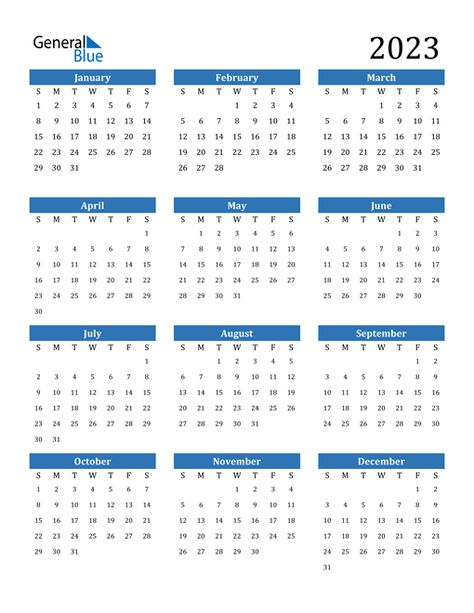 2023 yearly printable calendars in Microsoft Word, Excel and PDF. The blank and generic calendars are easy to edit or customize for your 2023 events. Blue Calendar, Yearly Calendar Template, Printable Yearly Calendar, Excel Calendar Template, Calendar Word, Calendar Examples, Excel Calendar, Free Calendar Template, Editable Calendar