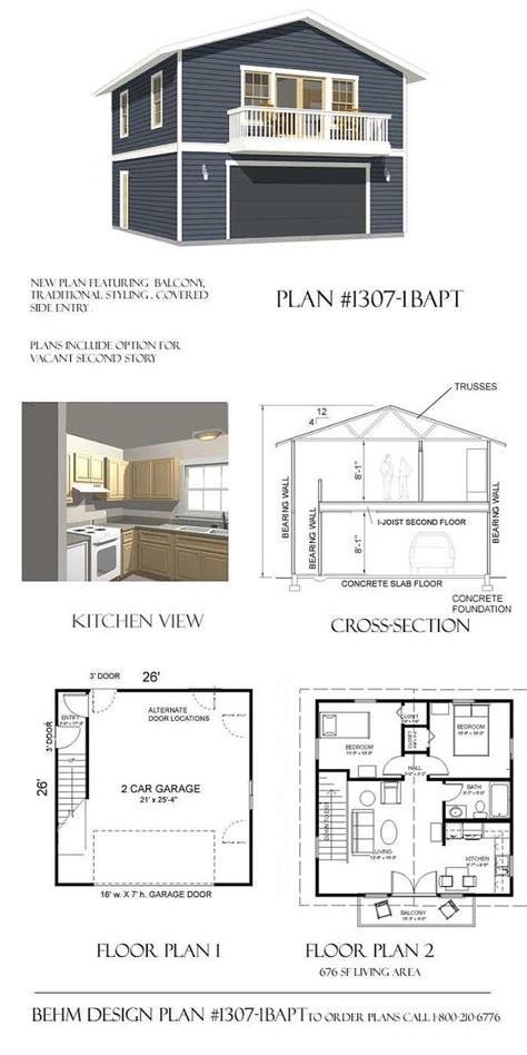 Garage Plans : 2 Car With Full Second Story - 1307-1bapt - 26' x 26' - two car - By Behm Design - Wall Decor Stickers - Amazon.com Apartment Garage, Two Story Garage, Garage Apartment Floor Plans, 2 Car Garage Plans, Garage Apartment Plan, Plan Garage, Carriage House Plans, Garage Addition, Garage Loft