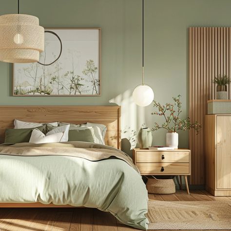 Chambre verte et bois : 15 superbes idées à découvrir ! Interior Design Green Bedroom, Green Bed Bedroom Ideas, Green Bedroom Inspirations, Bedroom Inspirations Green, Floating Nightstand Ideas, Modern Floating Nightstand, Nightstand Ideas, Guest Bedroom Design, Sage Green Bedroom