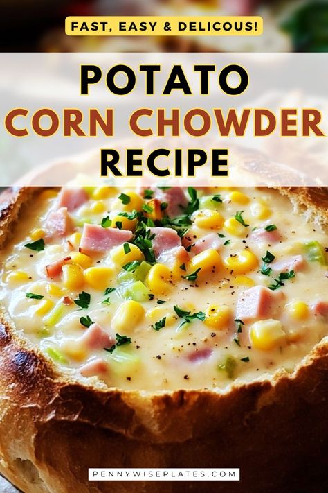 closeup image of a hearty serving of creamy potato corn chowder served in a hollowed out bread bowl and sprinkled with flakes of parsley Potato Corn Chowder Soup, Potato Corn Chowder Recipe, Best Corn Chowder Recipe, Corn Chowder Soup, Creamy Potatoes, Potato Corn Chowder, Potato Chowder, Corn Chowder Recipe, Chowder Soup