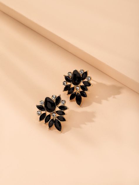 Black    Metal  Stud    Jewelry Black Aesthetic Earrings, Earrings With Black Dress, Black Earrings Elegant, Black Dessert, New Gold Jewellery Designs, Embellished Fashion, Jewelry Accessories Ideas, Stud Jewelry, Classy Jewelry