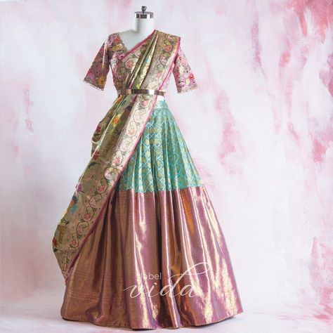 Label Vida Lehenga, Paithani Lehenga, Pink Half Sarees, Langa Blouse, Pattu Dress, Stylish Lehenga, Indigo Saree, Traditional Lehenga, Langa Voni