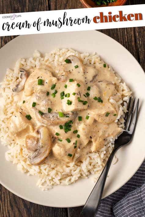 This cream of mushroom chicken recipe is a quick and easy skillet dinner made with tender chicken pieces cooked in a creamy mushroom gravy. Chicken Cream Of Mushroom Recipes, Tray Meals, Mushroom Chicken Recipe, Creamy Chicken Dinner, Creamy Mushroom Gravy, Cream Of Mushroom Chicken, Easy Skillet Dinner, Cookies And Cups, Homemade Egg Noodles