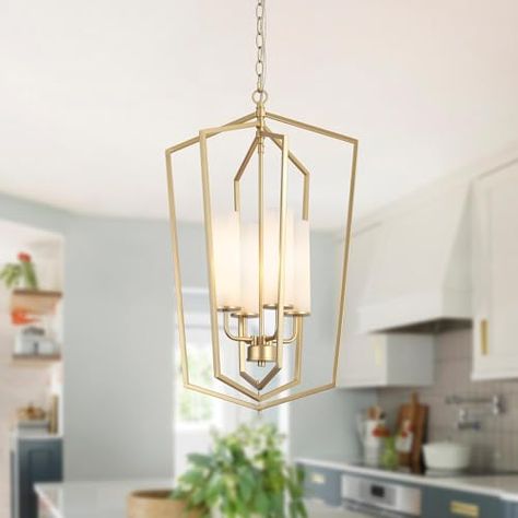 Gold Geometric Pendant Light, Modern Farmhouse Light Fixtures, Foyer Light, Cylinder Lights, Modern Farmhouse Lighting, Geometric Pendant Light, Cage Chandelier, Gold Lanterns, Lantern Chandelier