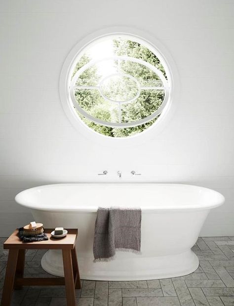 Basin Vanity Design, Feature Window, Tan Dining Chair, Home With Character, Weatherboard House, Outdoor Bathtub, Mcm House, Art Deco Bathroom, Round Window