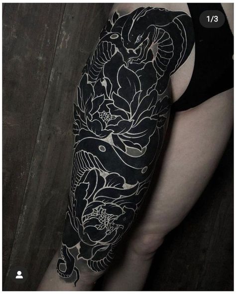 White On Black Tattoo, White Over Black Tattoo, Arm Cover Up Tattoos, Shock Mansion, Black Sleeve Tattoo, Side Thigh Tattoos, All Black Tattoos, Solid Black Tattoo, Black Tattoo Cover Up