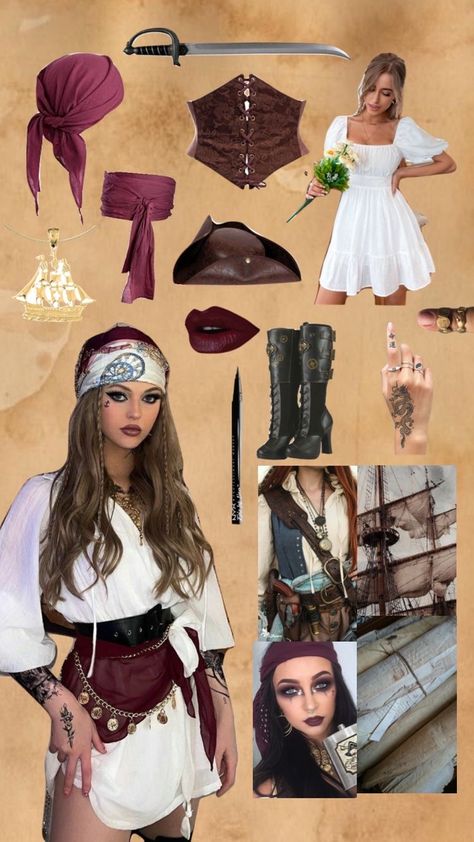 Spanish Town Parade Outfit, Pirate Costume Makeup Make Up, Easy Diy Pirate Costume For Women, Pirate Costume Female Diy, Diy Pirate Costume For Women Last Minute, Couple Halloween Costumes Pirates, Hallowen Ideas Costume, Simple Pirate Costume Women, Last Minute Pirate Costume