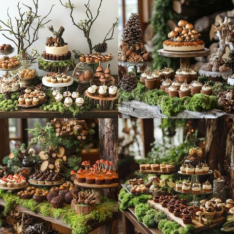 Sweet Fall Wedding Dessert Table Ideas: Tips to Delight Guests - Yeah Weddings Woodland Buffet Table, Wedding Dessert Charcuterie Board, Thanksgiving Dessert Display, Garden Wedding Dessert Table, Dessert Stand Ideas, Dessert Charcuterie Table, Forest Dessert Table, Woodland Desserts, Hobbit Themed Wedding