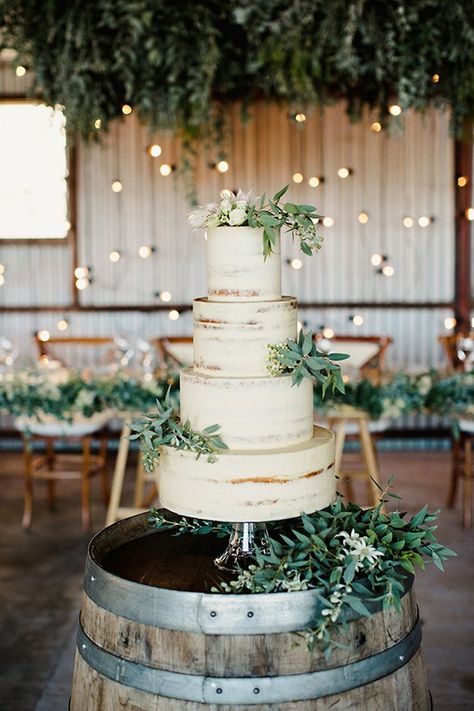 Semi Naked Wedding Cake With greenery Summer Wedding Cakes, Wedding Cake Rustic, Rustic Wedding Cake, Simple Wedding Cake, White Wedding Cake, Wedding Cakes With Flowers, Wedding Cake Inspiration, Wedding Cake Designs