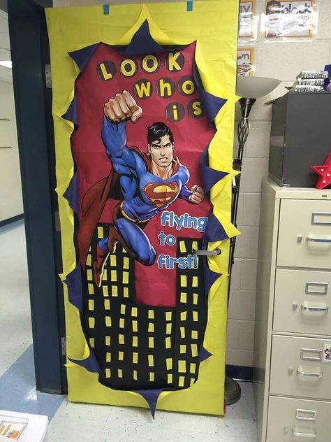 Super hero theme Superhero School Theme, Superhero Door, Super Hero Activities, Superhero Classroom Decorations, Superhero School, Superhero Classroom Theme, Superhero Decorations, Classroom Tour, Superhero Classroom