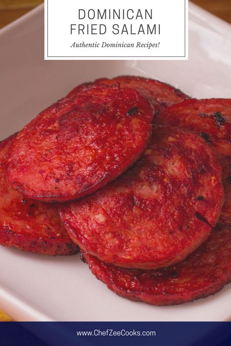 Dominican Salami goes great with Dominican Mangu especially when it's paired with Los Tres Golpes. Frying Dominican Salami is super easy and it's the great addition to any dish whether you're having it as a snack or a treat with Tostones. Give this a try! #DominicanRecipes #Salami Dominican Salami Recipes, Airbnb Party, Dominican Snacks, Mangu Recipe, Fried Salami, Dominican Cooking, Salami Recipe, Dominican Recipes, Salami Recipes