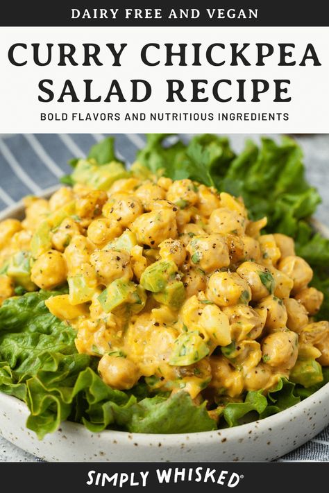 This simple curry chickpea salad is full of flavor and protein. It makes a great healthy lunch or an easy, dairy free side dish. Curry Chickpea Salad, Curried Chickpea Salad, Chickpea Salad Recipes, Vegan Curry, Health Recipes, Chickpea Salad, Salad Bar, Salad Ingredients, Healthy Lunch